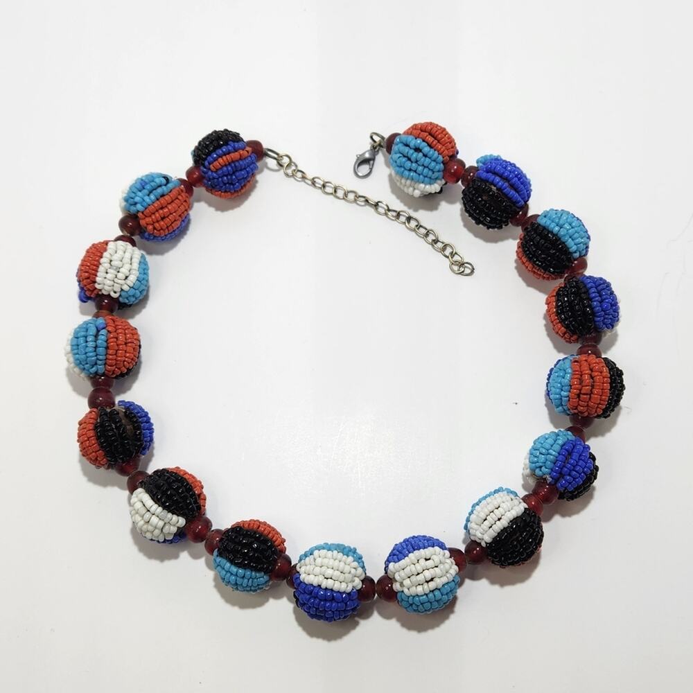 Striped Seed Bead Ball Multicolor Necklace and Earring Set - Picture 5 of 13